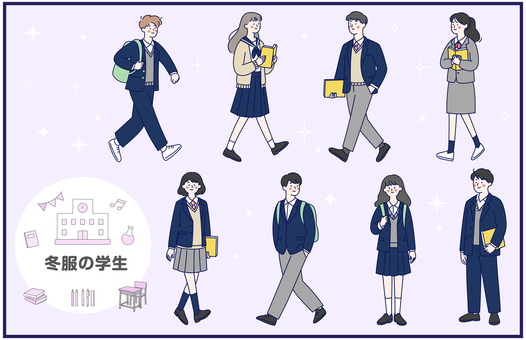 冬服の学生生活イラストセット 学生,高校生,中学生,制服,長袖,ブレザー,ニット,セーター,登校,読書のイラスト素材
