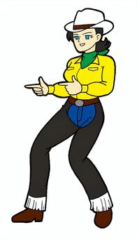 カウガール　イラスト 黒髪,カウガール,笑顔,指鉄砲,緑色,スカーフ,黄色,シャツ,白色,カウボーイハットのイラスト素材