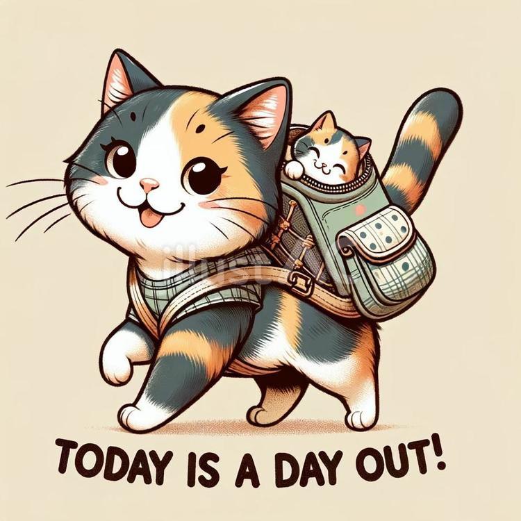 三毛猫のお出かけ 猫,子猫,リュックのイラスト素材