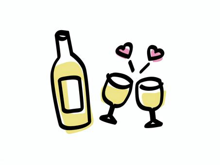 白ワインで乾杯_色ズレゆるい絵 白ワインで乾杯_色ズレゆるい絵 白ワイン,グラス,ボトル,ワイン,白,手書き,手描き,乾杯,ふたり,ハートのイラスト素材