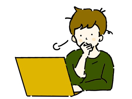 ため息を吐きながらパソコンを見つめる男性 ため息,疲れ,男性,人物,パソコン,仕事,ノートパソコンのイラスト素材