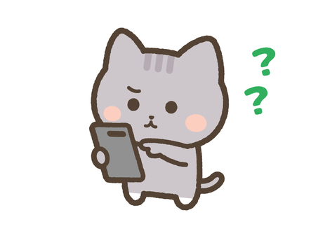 スマホを操作するねこ（サバトラ）　はてな ねこ,スマホ,電話,操作,触る,はてな,疑問,不安,悩み,携帯のイラスト素材