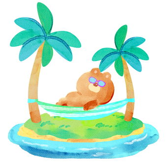水彩画_ハンモックで寝る_01 熊,動物,手描き,水彩画,水彩,水彩風,水彩画風,夏休み,バカンス,南の島のイラスト素材