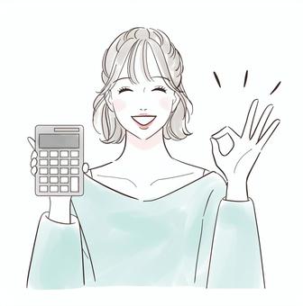 電卓を持ってOKサインをする女性 人物,女性,ok,大丈夫,承諾,わかった,了解,笑顔,綺麗,若いのイラスト素材