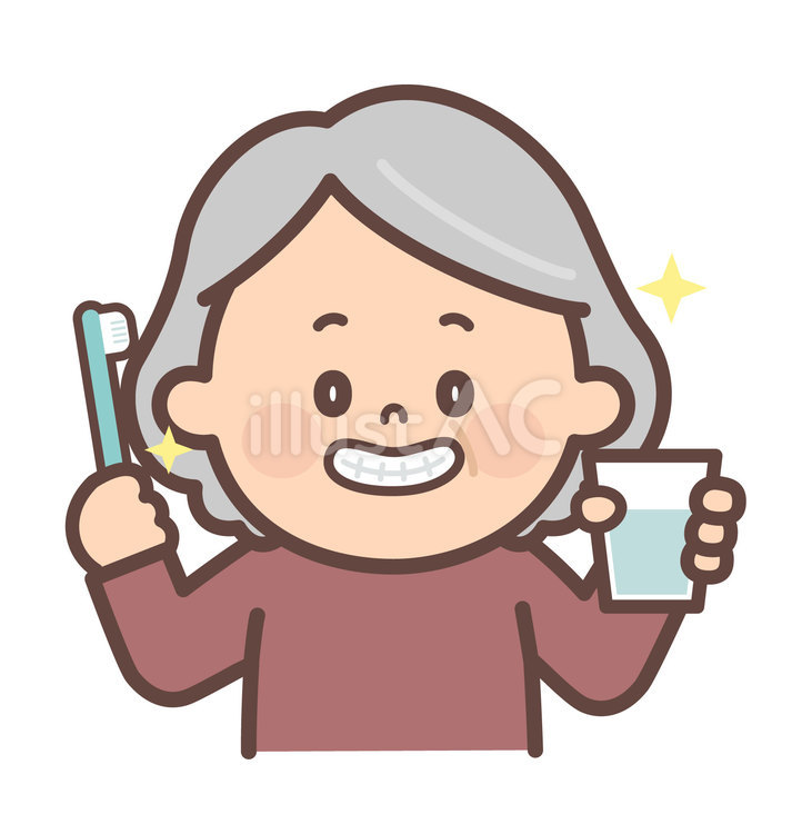 歯磨きをしているおばあさん 歯磨き,歯ブラシ,口腔ケアのイラスト素材