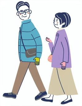 お出かけ老夫婦　冬服 お出かけ,夫婦,老夫婦,冬服,コート,散歩,旅行,おじいさん,おばあさん,60代のイラスト素材