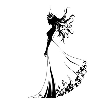 女王 女,女性,女王,王女,クィーン,冠,ドレス,白黒,シルエット,イラストのイラスト素材