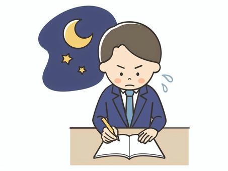 夜に試験勉強をするスーツの男性 男性,スーツ,お父さん,教師,講師,先生,勉強,宿題,学習,テストのイラスト素材