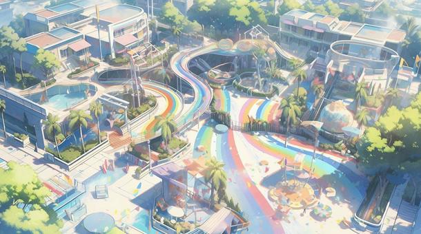 Illustration, rainbow, theme park, a swimming pool, 