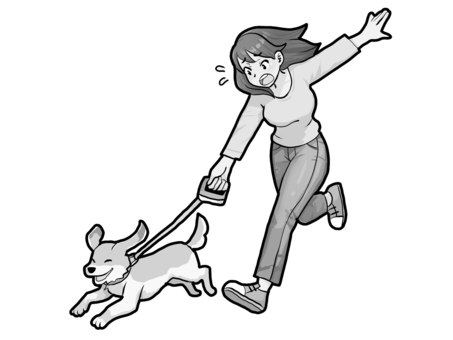 急にワンちゃんが【グレースケール】 犬,散歩,リード,急発進,危ない,飼い主,ペット,女性,グレースケールのイラスト素材