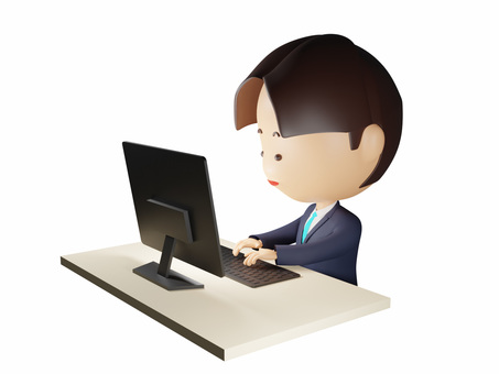 パソコンで作業する笑顔のスーツ男性 男性,喜び,スーツ,パソコン,デスクトップ,デスクトップパソコン,笑顔,単体,中年男性,中年のイラスト素材