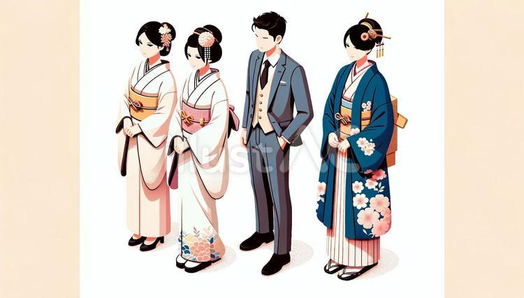 成人式晴れ着の男女と着物・振り袖とスーツ 晴れ着,成人式,女性のイラスト素材