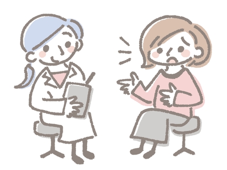 女性医師に話す女性患者 医師,医者,患者,女性,女医,白衣,話す,症状,説明,訴えるのイラスト素材