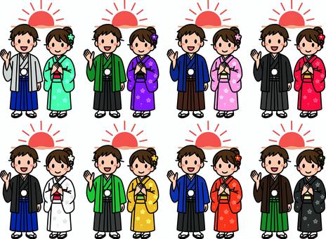 初日の出とお正月の人です。 お正月,シンプル,和装,和服,成人式,卒業式,コスチューム,正装,日本,初日の出のイラスト素材