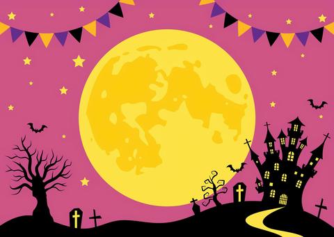 Halloween2583 月,旗,星,お城,夜,木,コウモリ,ガーランド,紫,かわいいのイラスト素材
