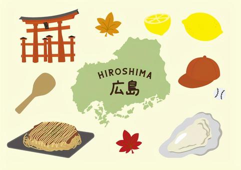 広島イラストセット 広島,野球,レモン,瀬戸内,牡蠣,海産物,お好み焼き,紅葉,まんじゅう,お土産のイラスト素材