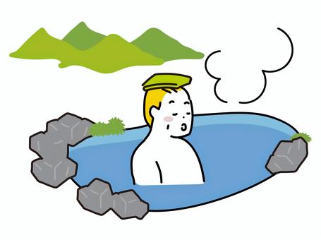 露天風呂につかってリラックスする高齢男性 露天風呂,温泉,入浴,お風呂,リラックス,タオル,湯気,温かい,シニア,男性のイラスト素材