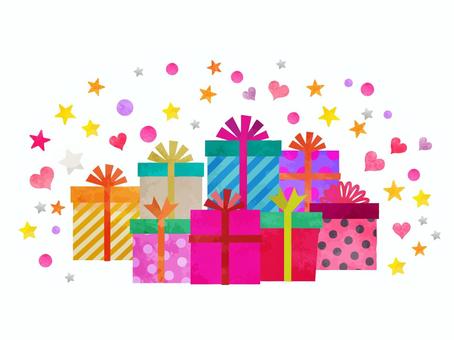 プレゼントと星とハート01 プレゼント,星,キラキラ,おしゃれ,リボン,箱,水玉,ストライプ,水彩,手描きのイラスト素材