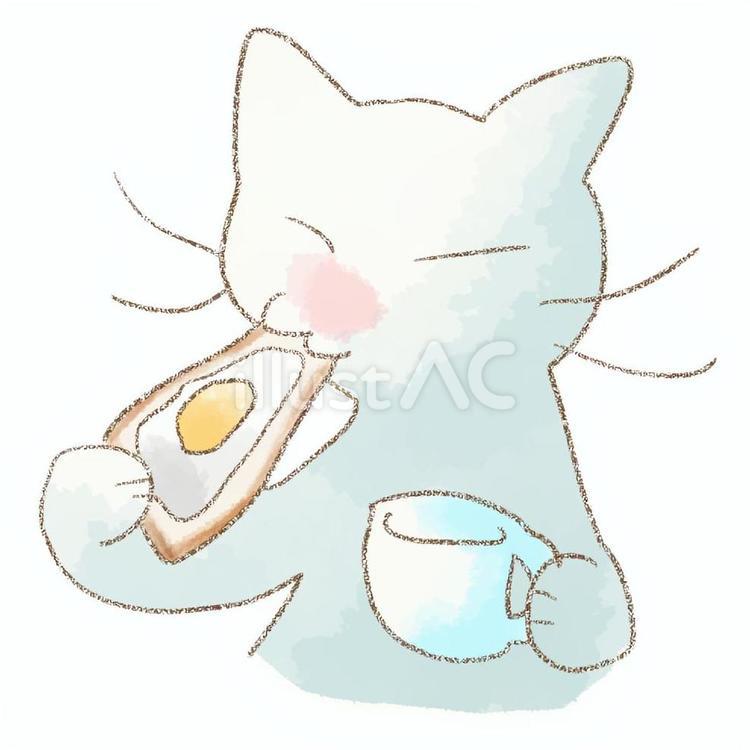 もぐもぐごはん中の猫 猫,パン,マグカップのイラスト素材