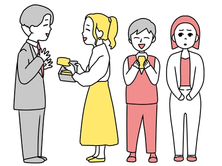 会社でのお菓子外し 会社員,会社,オフィス,お菓子,お菓子外し,女性,男性,うれしい,悲しい,戸惑うのイラスト素材