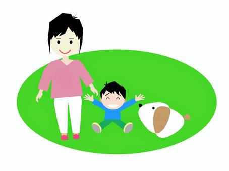 ママと僕とともだちのとろ ママ,家族,犬,子供,散歩のイラスト素材