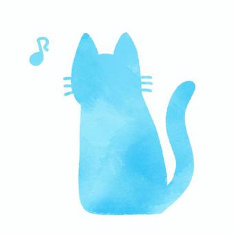 水彩風の猫のシルエット（ブルー） 猫,動物,シルエット,音符,ブルー,イラスト,手描き,水彩風,素材,挿絵のイラスト素材