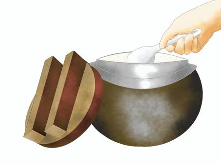 Hands to eat Kamameshi, a pot, rice, a wing, JPG and PNG