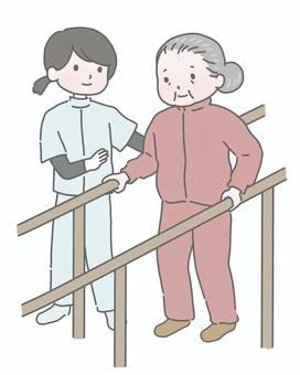 おばあさんの歩行訓練と女性介護士 歩行,訓練,リハビリ,高齢者,シニア,介護士,理学療法士,介助,平行棒,介護のイラスト素材
