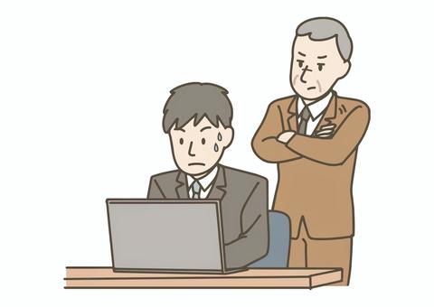 上司に急かされる男性社員 男性,社会人,会社員,スーツ,ビジネス,上司,部下,指導,プレッシャー,急かすのイラスト素材