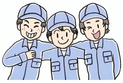 3人で肩を組む作業員 016 作業員,電気工事士,人物,男性,スタッフ,工事,現場,電気,作業服,建設業のイラスト素材