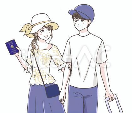パスポートを持つ男女カップル(上半身)