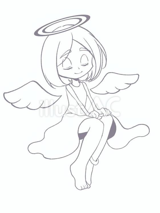 目を閉じているボブヘアの天使　線画 天使,女の子,ファンタジーのイラスト素材