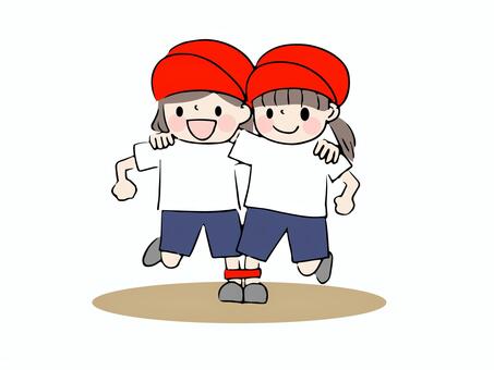 二人三脚する赤組の女の子 運動会,体育祭,小学生,中学生,園児,二人三脚,イベント,行事,かわいい,手書きのイラスト素材