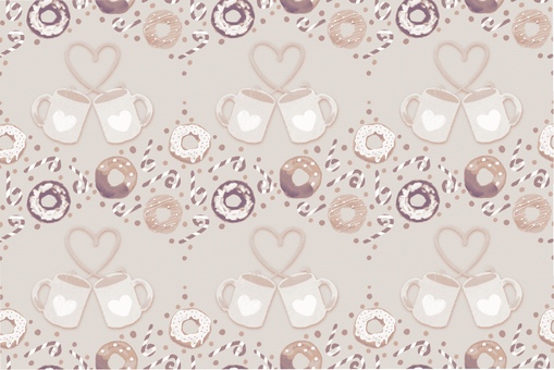ベージュ地のハートとドーナツ柄 スイーツ,カフェ,ドーナツ,ハート,コーヒー,かわいい,ガーリー,ベージュ,背景,シームレスのイラスト素材