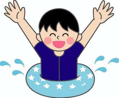 夏のイラスト 男の子,浮き輪,にっこり,楽しい,はしゃぐ,万歳,プール,海,海水浴,水しぶきのイラスト素材