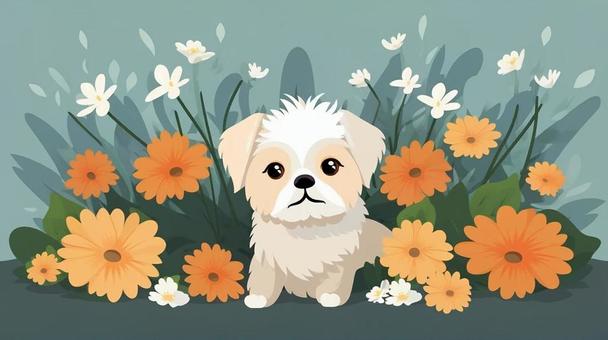 可愛い子犬ちゃんと花畑