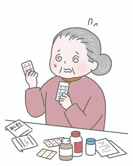 大量の複雑な薬に混乱する高齢女性 高齢者,薬,混乱,多剤併用,ポリファーマシー,不安,困惑,複雑,錠剤,ptpシートのイラスト素材