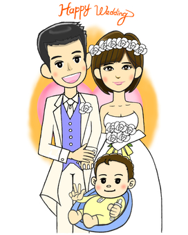 子連れの結婚式のウェルカムボード 結婚式,新郎,新婦,子供,ベビー,子連れ,ウェディング,ドレス,ウェルカムボード,手描きのイラスト素材