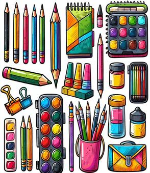 Illustrations of stationery used at school and work, , JPG and PNG