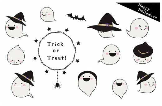 ハロウィンおばけセット オバケ,ハロウィン,幽霊,可愛い,魔女,セット,蜘蛛,星,秋,10月のイラスト素材