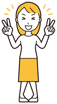  ロングヘア女性(黄)-487-全身 ピース,女性,女の子,人物,かわいい,喜ぶ,嬉しい,勝つ,成功,チョキのイラスト素材