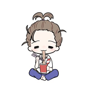 笑顔でカップ麺を耐えるズボラ女子 人,人物,ズボラ,女,ダサい,ボサボサ,座る,あぐら,だるい,かわいいのイラスト素材