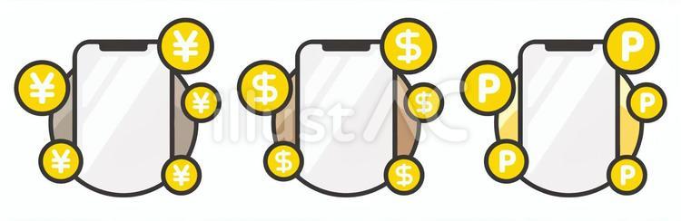 スマホとドル、日本円、ポイントのイメージ スマホとドル、日本円、ポイントのイメージ 日本円,ポイント,マークのイラスト素材