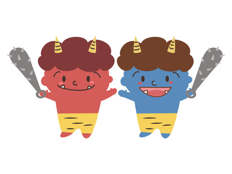 節分の赤鬼と青鬼のセット②金棒 節分,鬼,おに,オニ,赤鬼,全身,青鬼,手描き,金棒,セットのイラスト素材