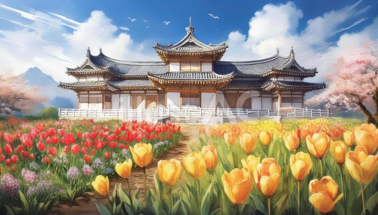 春の風景 建物,日本家屋,豪邸のイラスト素材