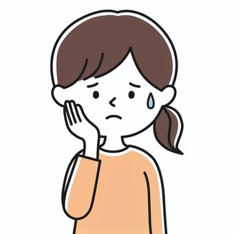 一つ結び女性 上半身 手頬_顔白-影2A 困る,焦る,困惑,汗,どうしよう,たらり,こわい,悩み,相談,不信のイラスト素材