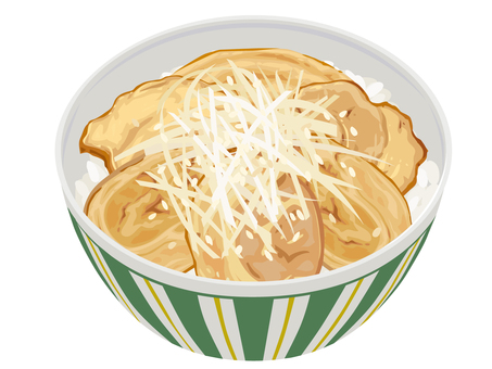 葱チャーシュー丼 チャーシュー丼,白ネギ,葱,チャーシュー,丼物,豚肉,肉類,ご飯,白米,和食のイラスト素材