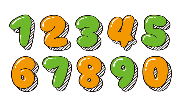 オリジナル数字セットF　ツヤ斜線影 数字,フォント,オリジナル,文字,フチ文字,袋文字,丸文字,ポップ,ラフ,落書き風のイラスト素材