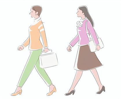 歩く女性　全身シンプル 女性,歩く,全身,横,シンプル,２人,明色,若いのイラスト素材