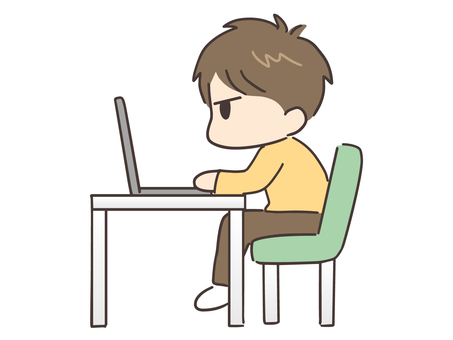 家でパソコンを使う猫背＆私服の若い男性 男性,パソコン,pc,リモートワーク,テレワーク,リモート,家,姿勢,男,人物のイラスト素材